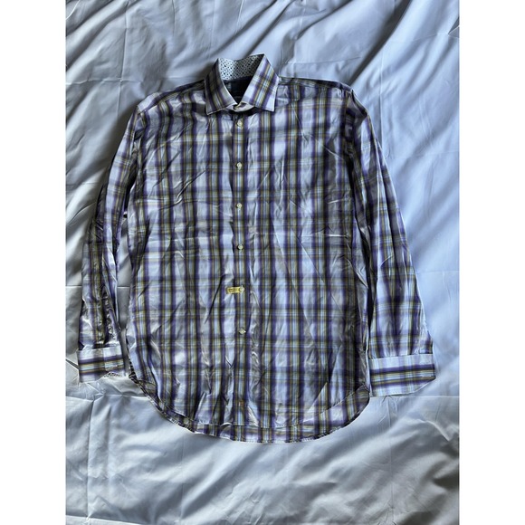 Thomas Dean Shirt Mens Large Purple Yellow Plaid Button Down Smart Casual Cotton - Picture 3 of 14
